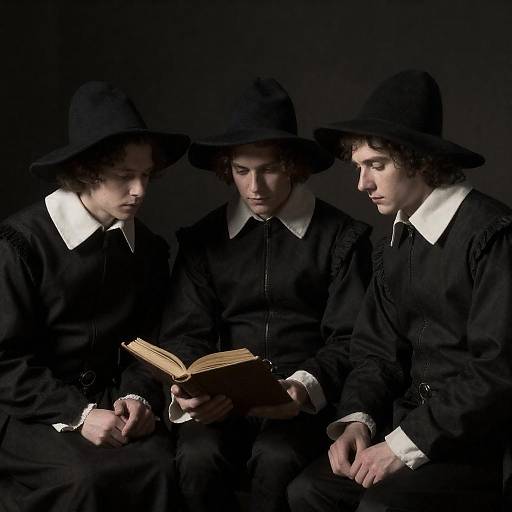 Three Men in 17th Century Attire Reading Book
