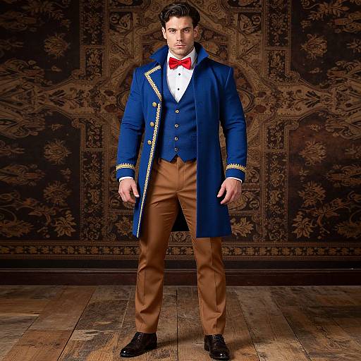 Photograph of a handsome man in a Victorian-style navy blue coat with gold trim, red bow tie, white shirt, brown pants, and black shoes
