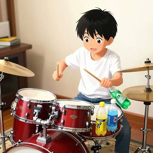 Digital anime-style illustration of a young boy with black hair, wearing a white t-shirt and blue jeans, playing a red drum set with various soda bottles
