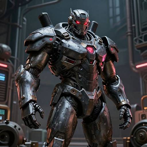 Photorealistic CGI of a muscular, black metallic robot with red glowing eyes and chest plate, standing in a futuristic, dimly-lit industrial setting