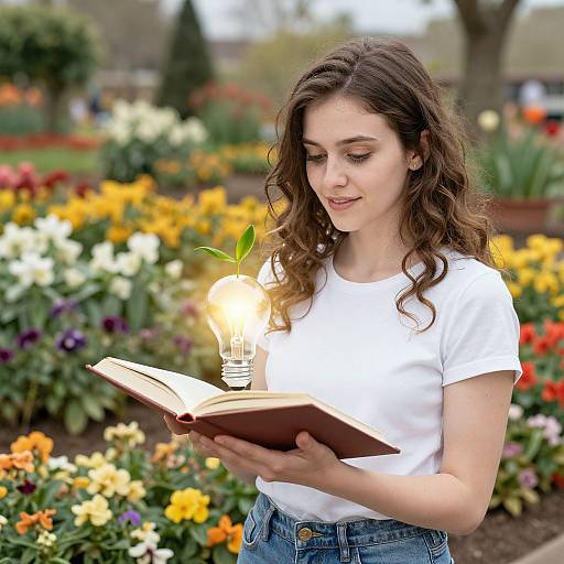 Photograph of a young woman with wavy brown hair, wearing a white t-shirt and blue jeans, reading a book with a glowing light bulb above