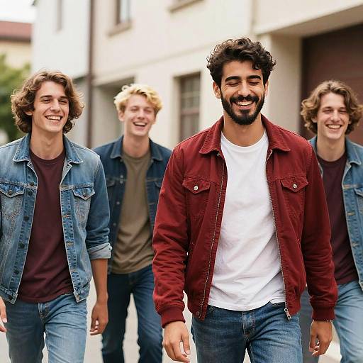 Four Smiling Boys in Denim Jackets