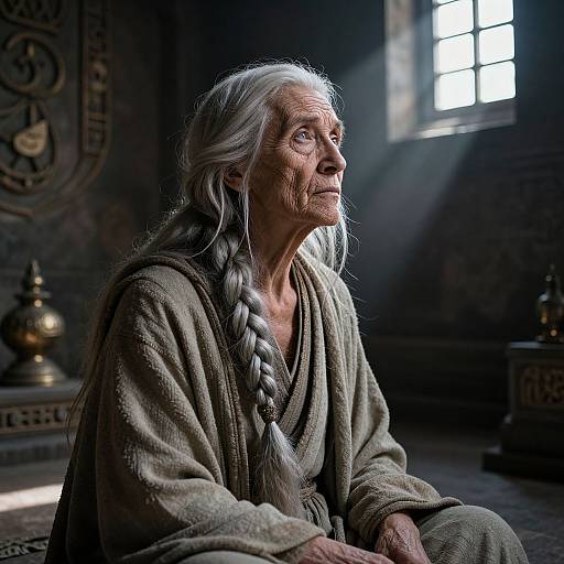 Photograph of an elderly woman with long, silver-braided hair, wearing a beige robe, sitting in a dimly lit, sunbeam-filled