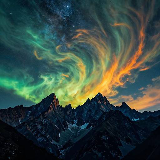 Photograph of a mountain range under a vivid, swirling aurora borealis with green, yellow, and orange lights against a starry night sky.