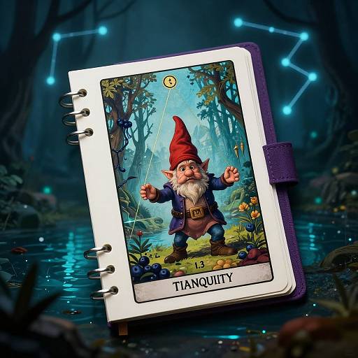 Photograph of a magical tarot card featuring a colorful, animated gnome with a red hat, standing in a vibrant forest, labeled 