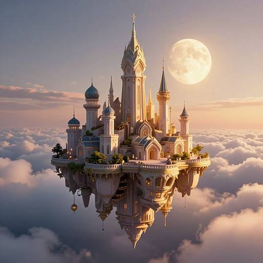 Fantastical floating castle with intricate architecture and golden sunlight, surrounded by fluffy clouds, and a large, glowing full moon in the sky. Digital art