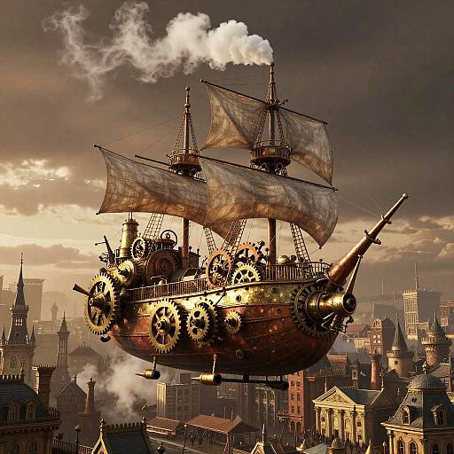 Steampunk Airship Over Victorian City