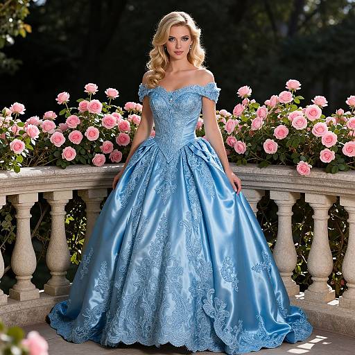 Blonde woman in a blue, off-shoulder, lace-embellished ball gown stands in a sunlit garden with pink roses and a