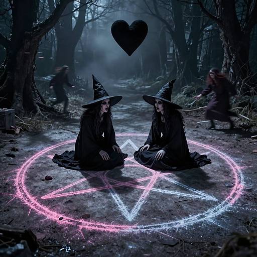 Photograph-like digital art of two witches in black robes and hats, sitting on a glowing pentagram in a dark, misty forest, with a