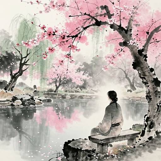 Digital watercolor painting of a silhouetted person sitting on a wooden bench by a reflective pond, surrounded by pink cherry blossoms and black-