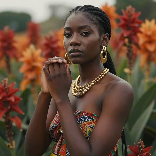 Photograph of a beautiful dark-skinned woman with braided hair, wearing gold hoop earrings and layered necklaces, standing in a vibrant orange flower field