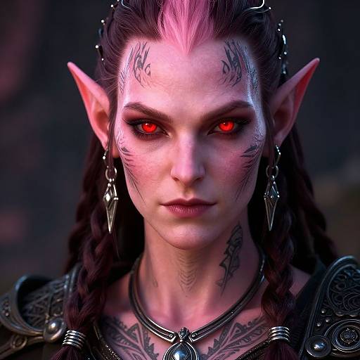 Digital CGI portrait of a fierce, elf-like woman with glowing red eyes, pointed ears, dark braids, intricate tattoos, and black ornate armor