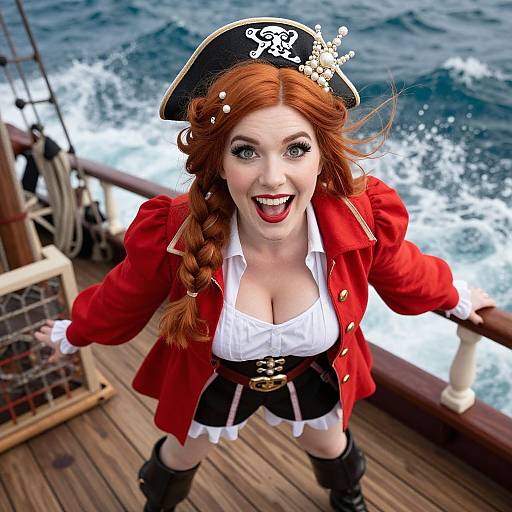 Photorealistic digital image of a red-haired pirate woman with fair skin, large breasts, red coat, white blouse, black corset, and pirate
