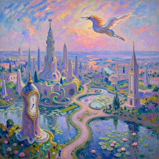 Vibrant, surreal painting of a fantasy city with a clock tower, winding river, lily pads, and a flaming bird in the sky at