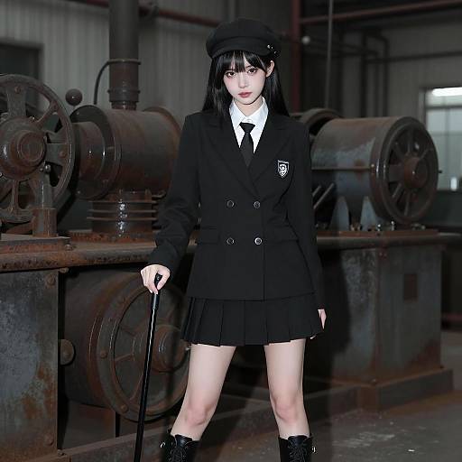Young Woman in Black School Uniform with Cane