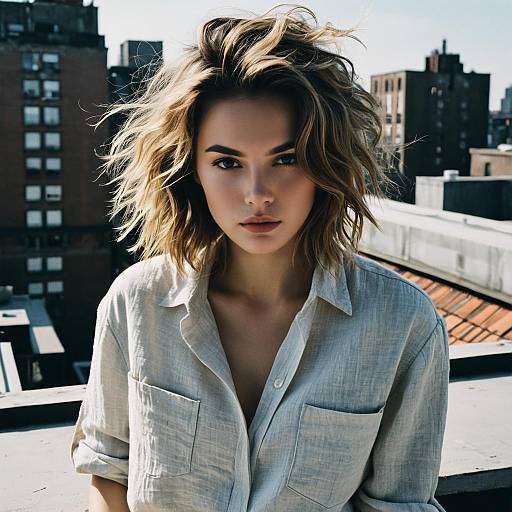 Fashion Model with Tousled Hair on Rooftop