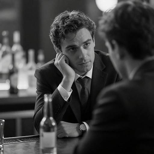 Man in suit deep in conversation at bar