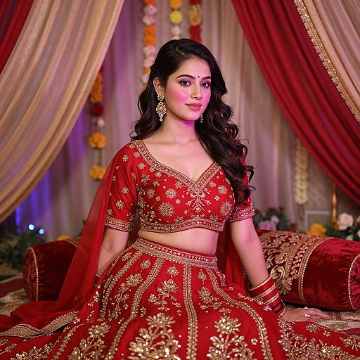 Photograph of an Indian woman with long black hair, wearing a red and gold traditional lehenga set, ornate jewelry, and a confident smile,