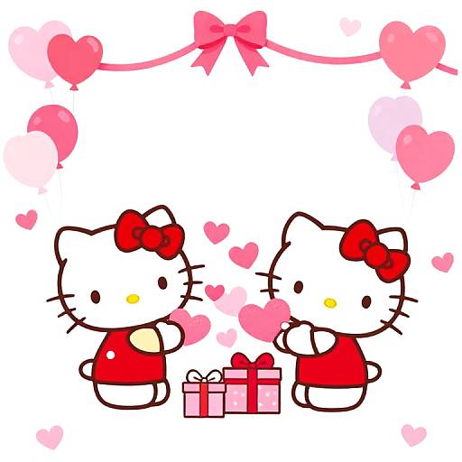 Digital illustration of two Hello Kitty characters with red bows, standing with a pink gift, surrounded by hearts, and a pink ribbon border.