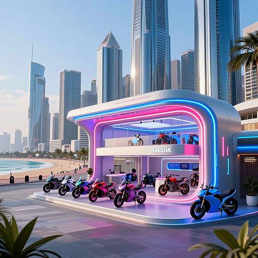 Neon-lit futuristic motorcycle rental kiosk in front of a beach with tall skyscrapers, lined with parked colorful scooters, under a clear