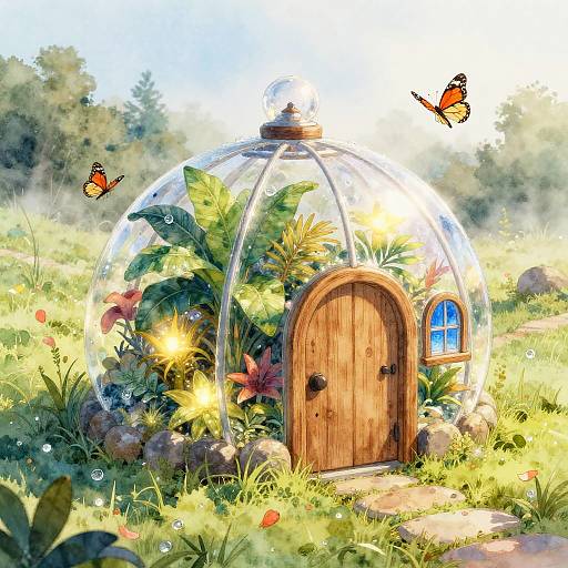 Digital illustration: Glass dome greenhouse with wooden door, lush green plants, vibrant flowers, sunlight streaming in, surrounded by grass and rocks, two orange butterflies
