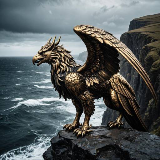 Bronze Griffin Statue on Cliff Edge