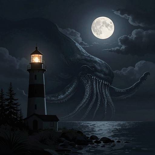 Night Lighthouse with Giant Kraken