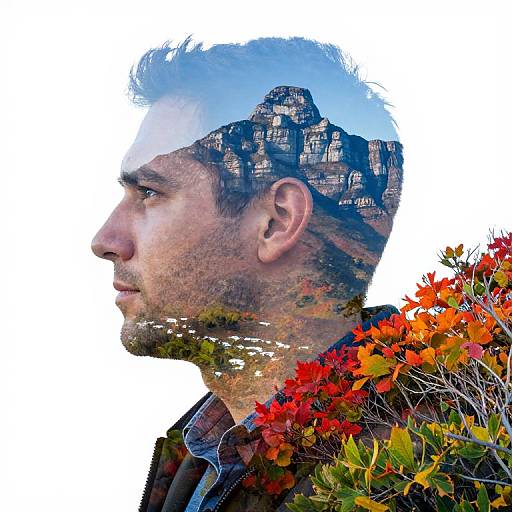 Photomontage: Man's profile with cityscape inside head, surrounded by vibrant autumn leaves. White background, realistic textures, contrasting colors. Mixed
