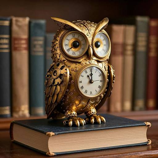 Steampunk owl clock sculpture with brass gears, clock faces, and golden feathers, standing on a leather-bound book on a wooden shelf. Blurred