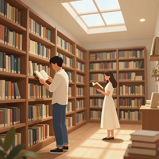 Digital illustration of a well-lit library with wooden bookshelves, a man and woman in white clothes reading books, sunlight streaming from skylights