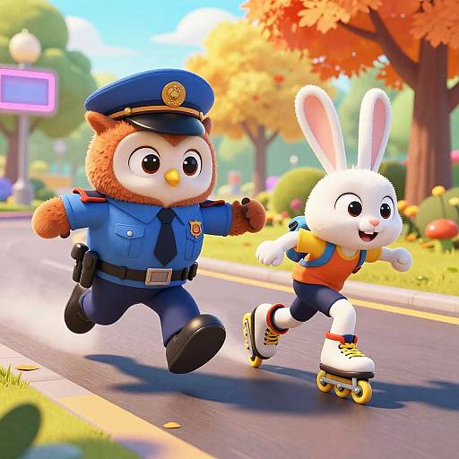 CGI image of a cute, anthropomorphic brown bear in a police uniform and a white rabbit rollerblading together on a sunny, autumn street.