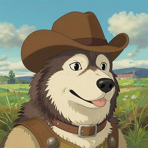 Digital illustration of a smiling anthropomorphic dog with brown and white fur, wearing a brown cowboy hat and leather harness, set against a vibrant rural landscape with