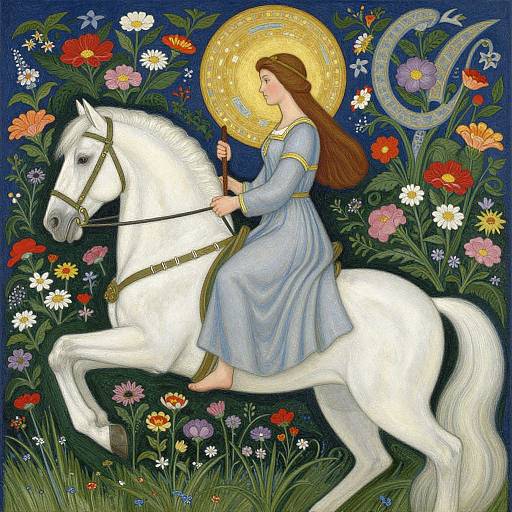 Illustration of a fair-haired woman in a blue dress, riding a white horse, surrounded by vibrant flowers, a golden halo, and a crescent