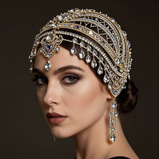 Photograph of a pale-skinned woman with dark hair, wearing an elaborate gold and diamond headpiece with dangling teardrop crystals, and matching earrings