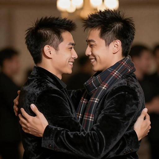 Joyful Dance: Two Men Embracing