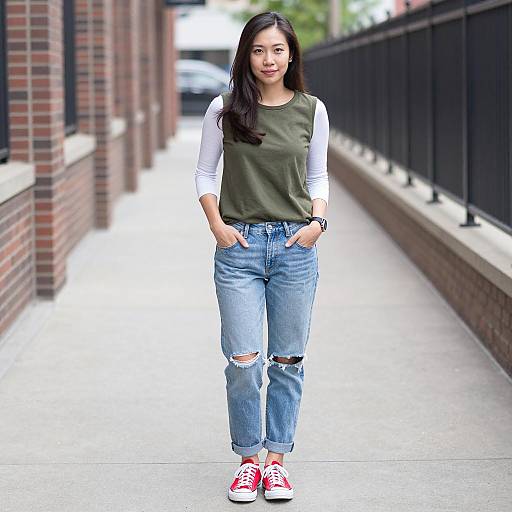 Asian Woman in Casual Outfit on Urban Walkway
