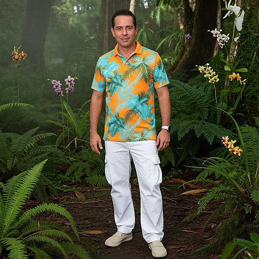 Photograph of a middle-aged man with short black hair, wearing a vibrant orange-green Hawaiian shirt, white pants, and beige shoes, standing in a