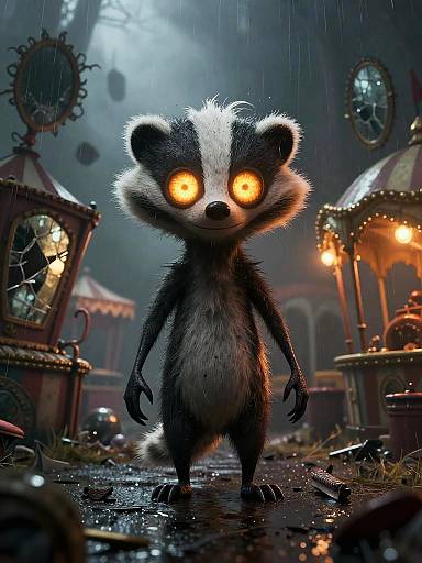 CGI image of a glowing-eyed, anthropomorphic badger standing in a dark, rainy, steampunk-themed town with illuminated clock towers.