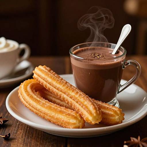 Photograph of a glass mug of steaming hot chocolate with a white spoon, next to two golden-brown, sugared plantain fritters