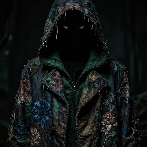 Photograph of a dark, faceless figure in a hooded, camouflage jacket with spiked edges and colorful floral patches, set against a black background.