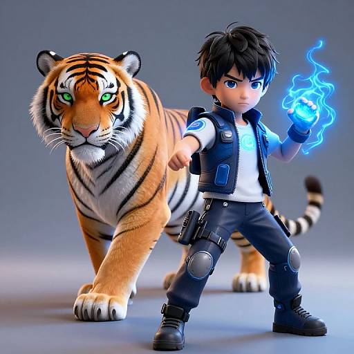 CGI image of a young boy with black hair and blue glowing magic, standing beside a large, green-eyed tiger. Both are in action poses.
