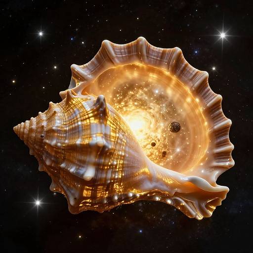 Digital artwork of an orange, glowing seashell with intricate patterns, surrounded by a starry, cosmic background and a bright, radiant sun-like center