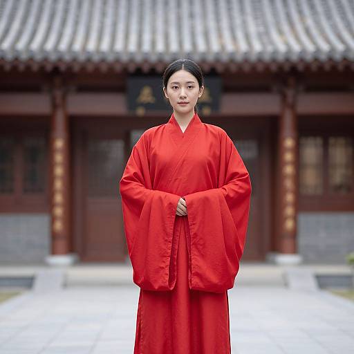 Photograph of an East Asian woman in a vibrant red traditional Korean hanbok, standing in front of a traditional wooden building with a tiled roof.