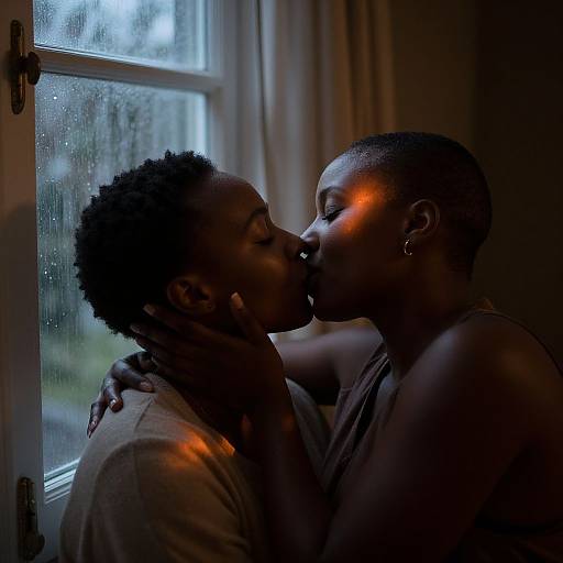 Photograph of two Black couples kissing passionately by a rain-streaked window, lit by warm orange light, creating an intimate, romantic atmosphere.