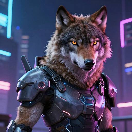 Digital artwork of a muscular anthropomorphic wolf with glowing orange eyes, wearing futuristic black armor, set against a neon-lit cityscape.