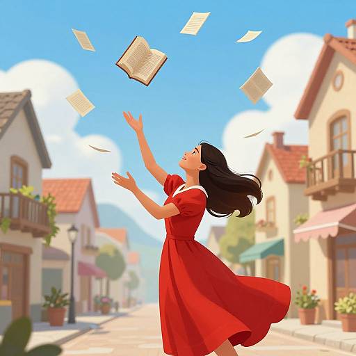 Digital illustration of a woman in a flowing red dress, with long black hair, joyfully tossing floating papers into a bright blue sky on a sunlit