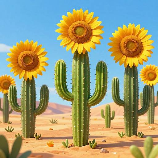 Photorealistic digital image of vibrant green cacti with bright yellow sunflowers in a sunny, sandy desert under a clear blue sky.