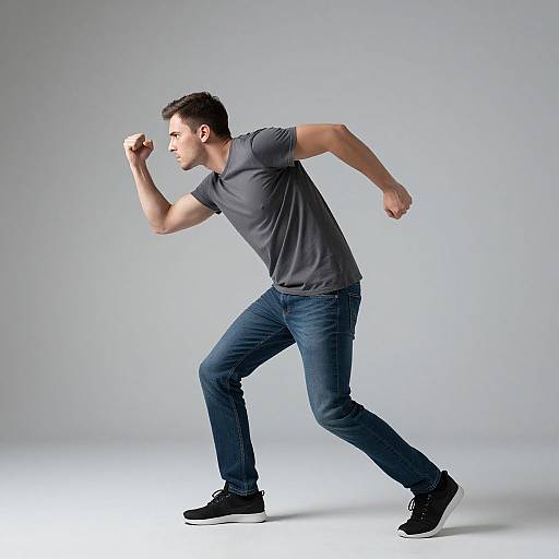 Photograph of a fit, young Caucasian man in a gray t-shirt and blue jeans, posing in a fighting stance against a plain gray background.