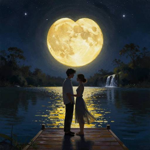 Silhouetted couple stands on wooden dock under bright full moon, reflections in serene lake, small waterfall on right, starry night sky. Digital