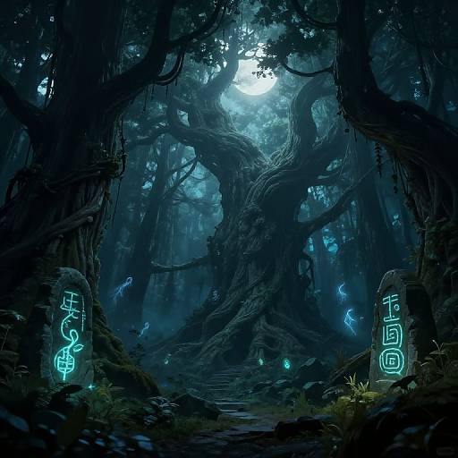 Digital fantasy artwork of a dark, mystical forest with glowing blue runes on stone pillars, ethereal blue spirits, and a large twisted tree under a moon